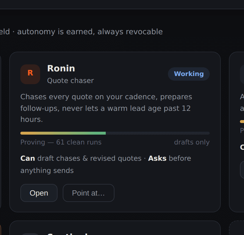 An assistant card: a named agent with its job and the work it has prepared